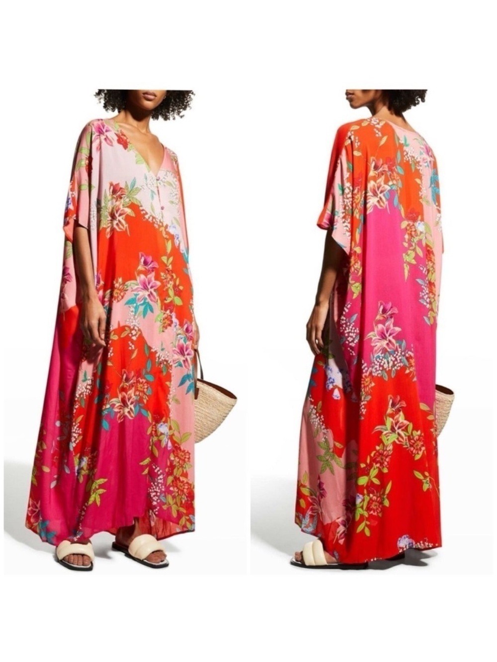 Johnny Was Pink & Red Floral Maxi Caftan Dress
